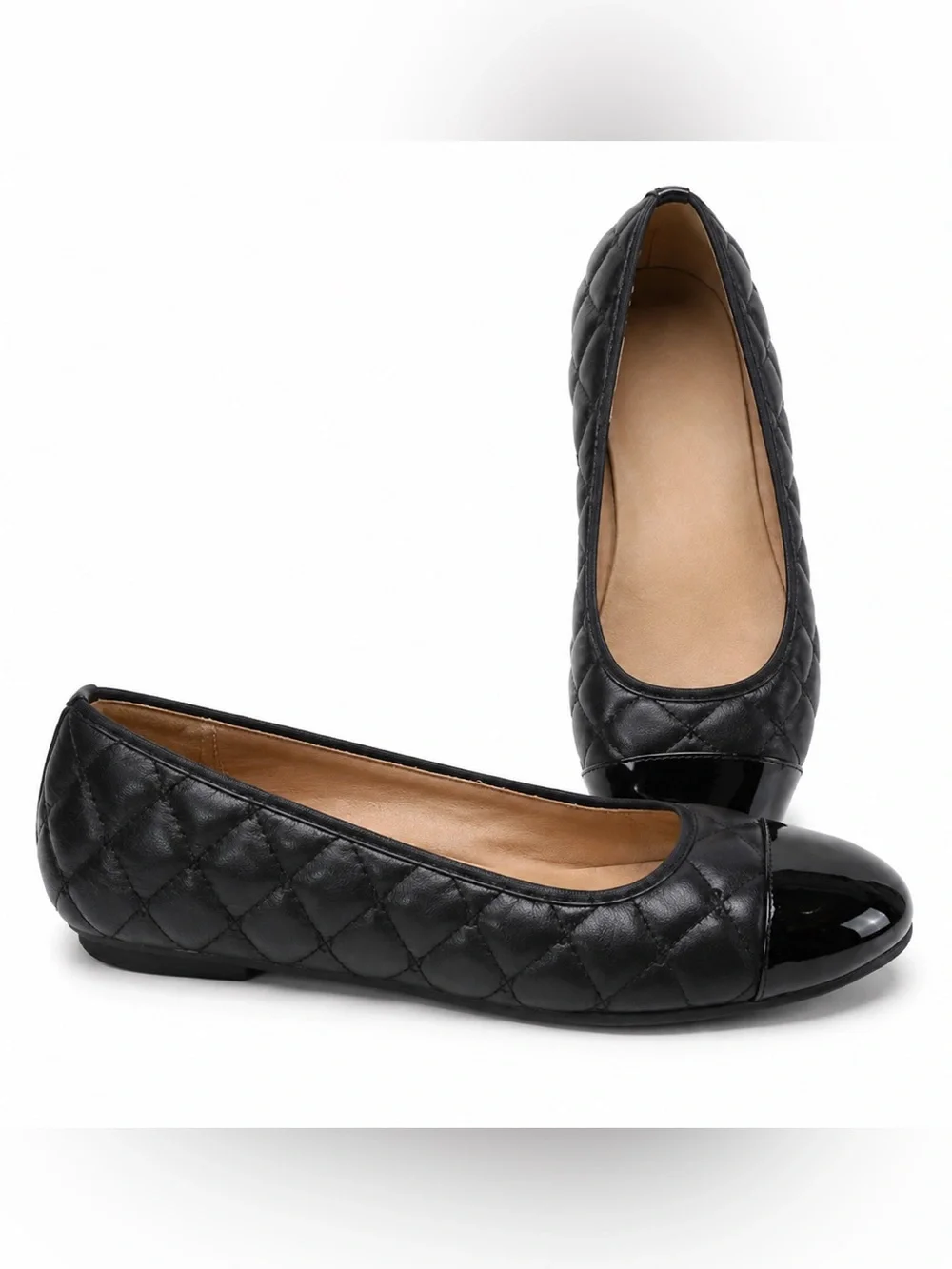 Vionic Women's DISIREE Black Leather Quilted Ballet Flats with Patent Toe Cap 9